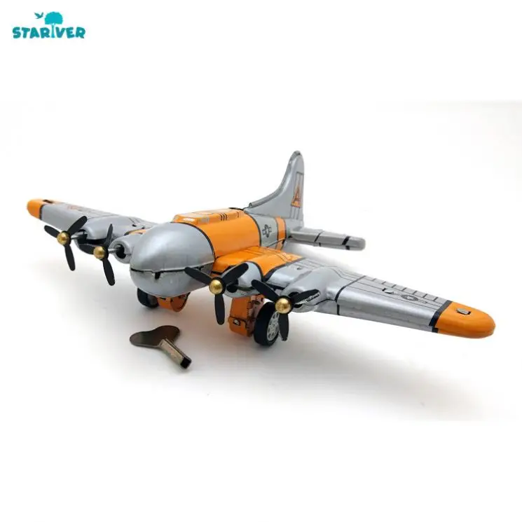 S93 Handcraft Vintage Flying Fortress Model Classic Wind Up Airplane Boomer Mechanical Tin Toy for Collection Clockwork Toy