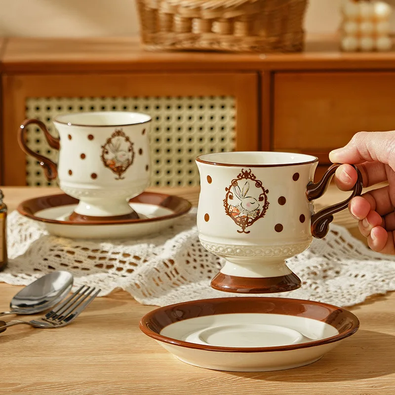 French Cute Rabbit Ceramic Coffee Cup High-Looking Mug Home Afternoon Tea Niche Cup And Saucer Set Wholesale