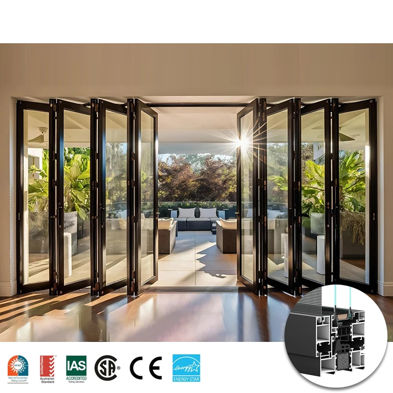 NFRC standard energy saving bi-fold doors contemporary outdoor pocket aluminum folding doors with locks for large openings