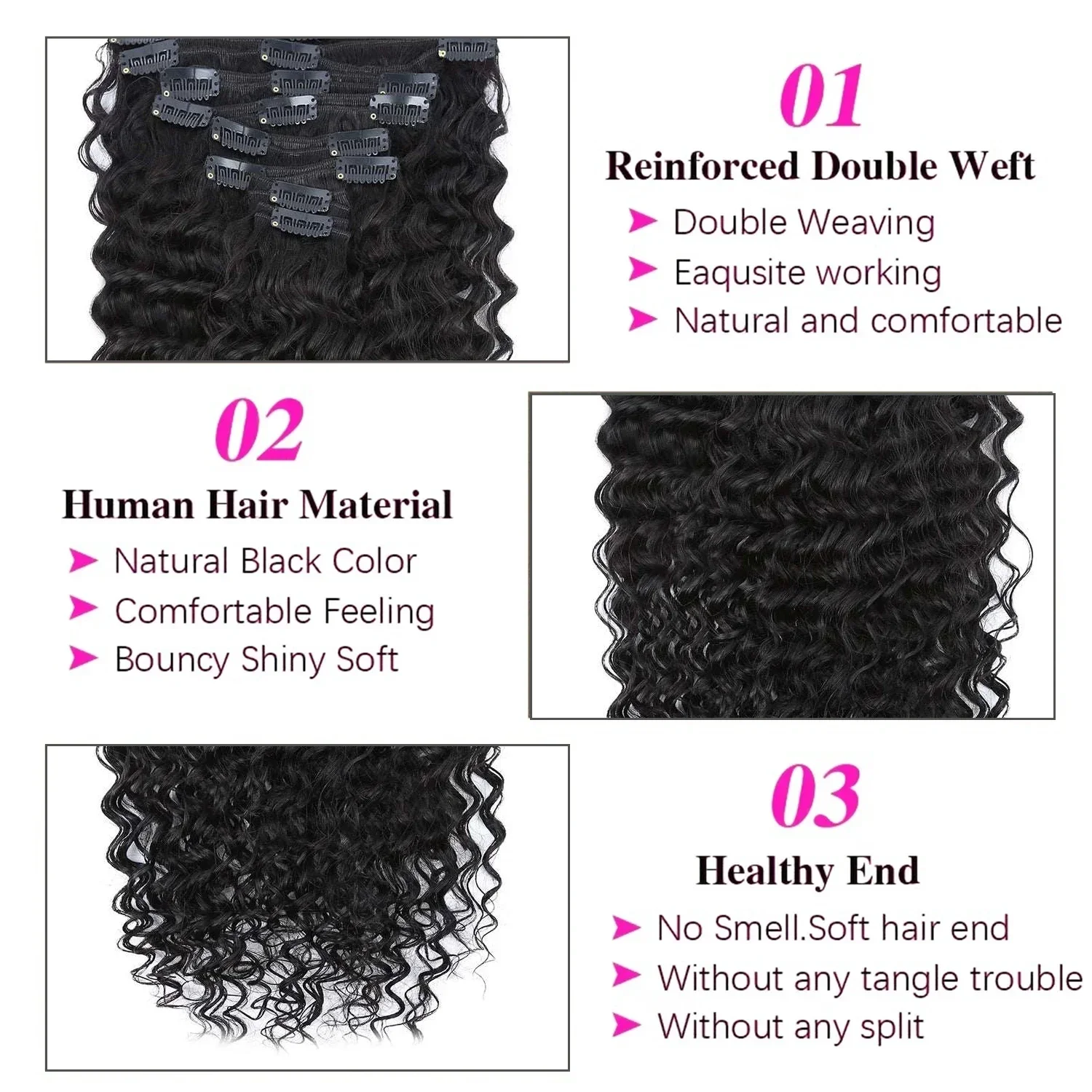 Brazilian Deep Wave Clip In Extensions Human Hair for Women Remy Natural Color