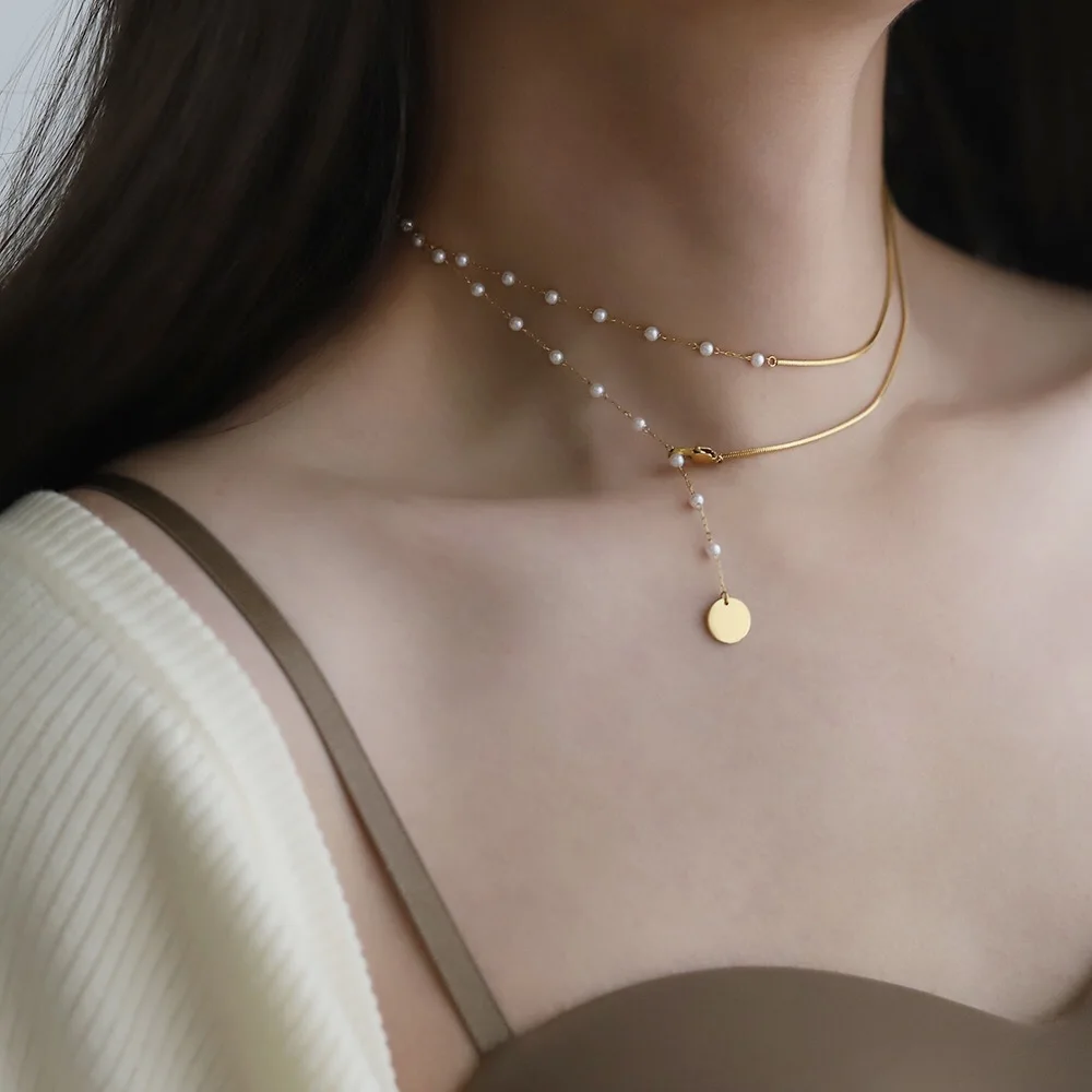 Fashion Single and Double Layer Jewelry 18K Gold Plated Stainless Steel Long Chain Imitated Pearl Necklace For Women