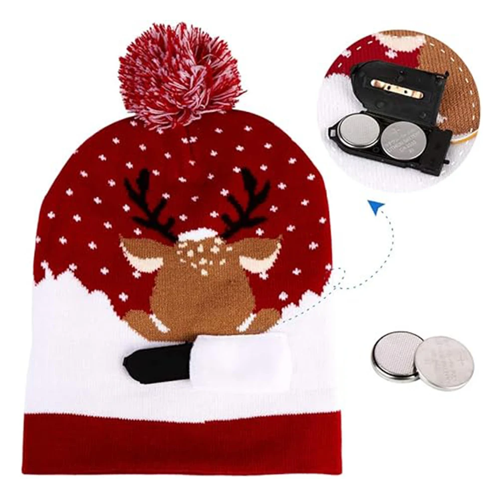 Custom LED Christmas Hat Light Up Knitted Santa Hats Unisex Knitted Beanie Holiday Hat with Deer Printing for Party