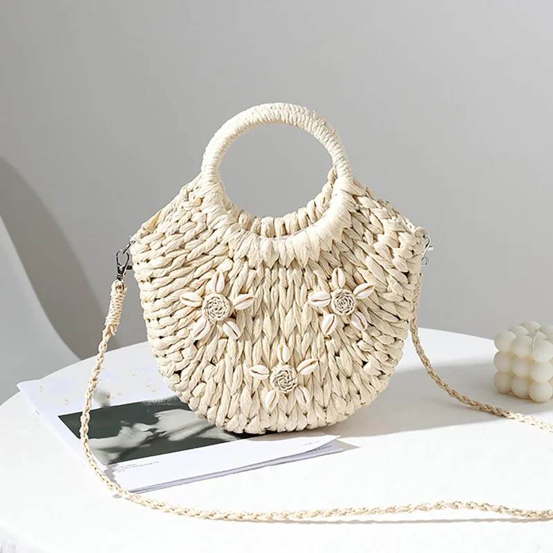 2024 Raffia Grass Bag Half Round Sea Grass Bags Seashell Woven Crossbody Shoulder Bag Beach Straw  Handbag for Women