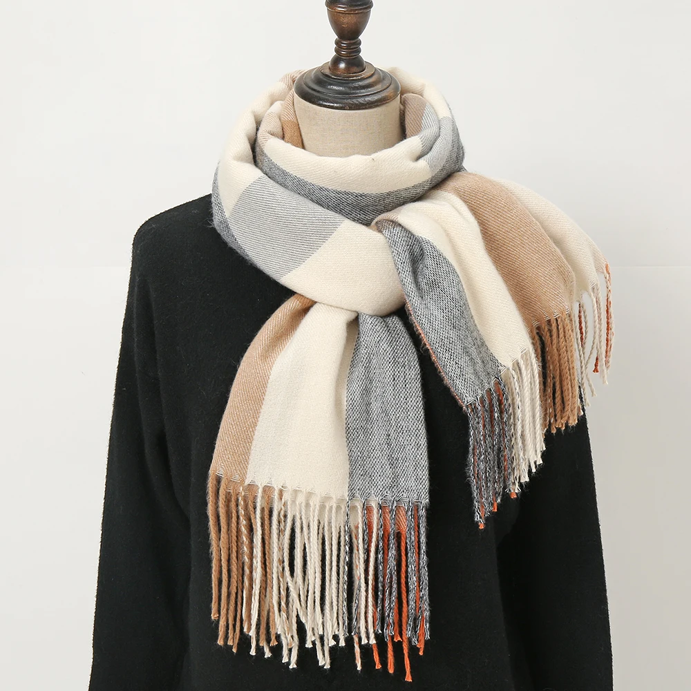 Зима 2022, модная шаль из пашмины с кисточками, женские шерстяные шарфы, плотный кашемировый шарф с принтом в клетку