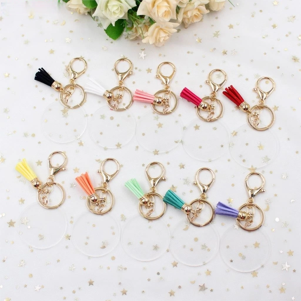 Acrylic Clear Round Keychain With Tassels Lobster  Circle Monogram Gold Keychain
