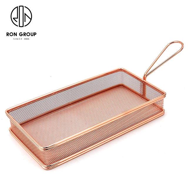 Hot Selling Metal Weave Rose Gold Rectangle Mesh Fry Basket Chicken Frying Basket
