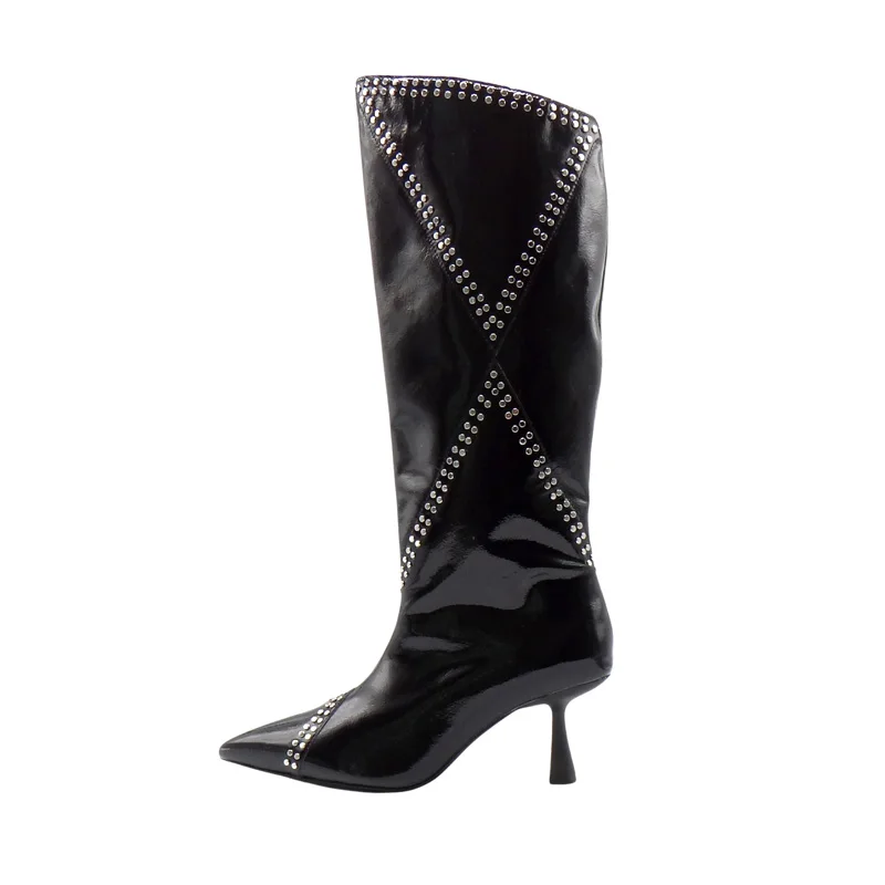 Custom Sexy Midi Boots Manufacturer Designer Shiny Black Rivet Kitten Heel Midi Boots Custom Rivet Pointed Toe Party Midi Boots