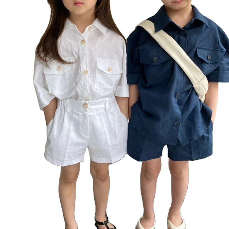 Turn-down collar kids pocket clothes children summer clothing sets baby girls and boys solid color shirts and shorts