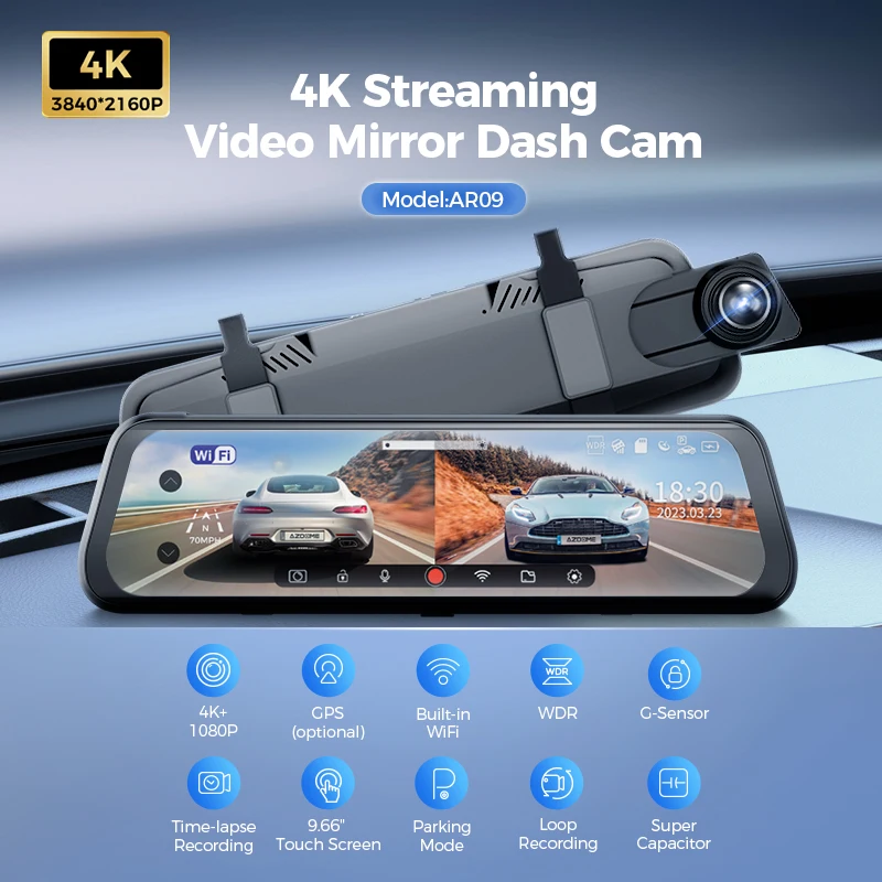 AZDOME AR09 4K 9.66 inch Touch Screen GPS WiFi Car Camera DVR Driving Camera Dash Cam Recorder Mirror Camera Car Black Box