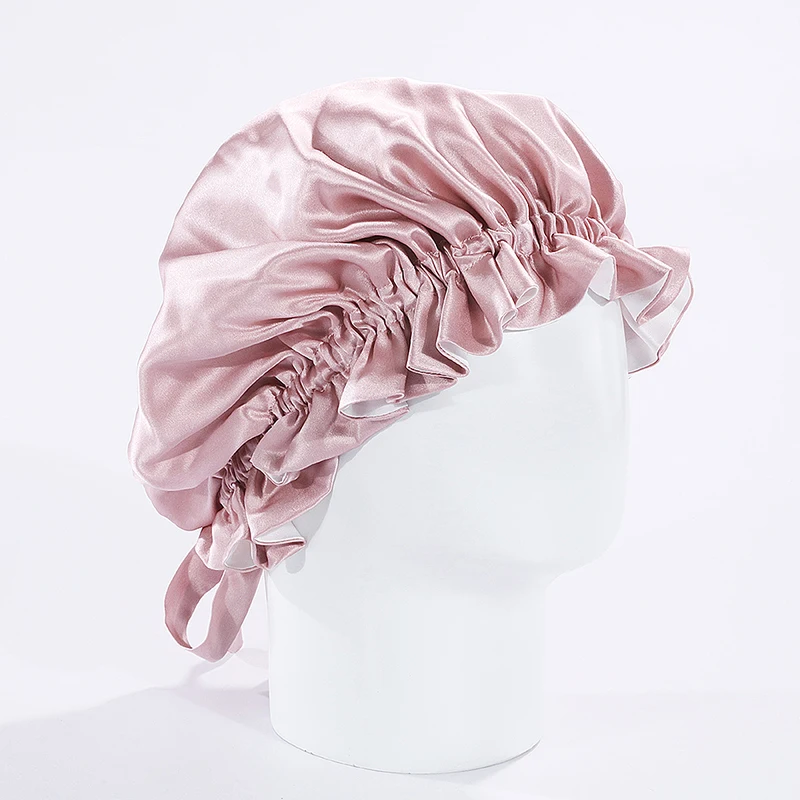 
Custom wholesale high quality luxury doubled layer 100% real pure mulbery silk bonnet with drawstring 