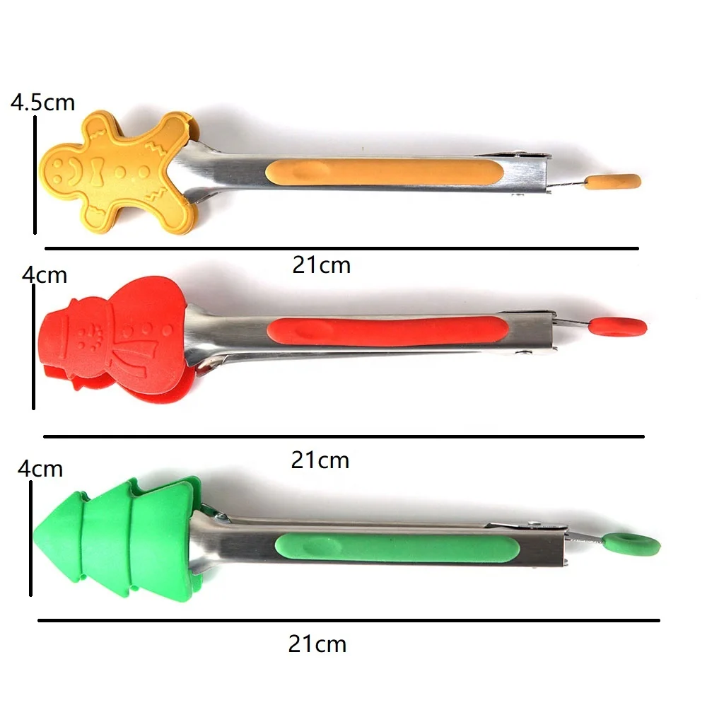 Christmas 7 Inch Silicone Food  Kitchen DIY Baking Serving Tongs for cooking with Tree Gingerman Snowman