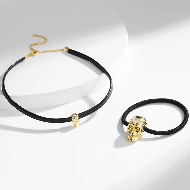 High Quality Women Punk Jewelry zircon Beaded Halloween Skull Bracelet Leather Chocker Pu Leather Necklace