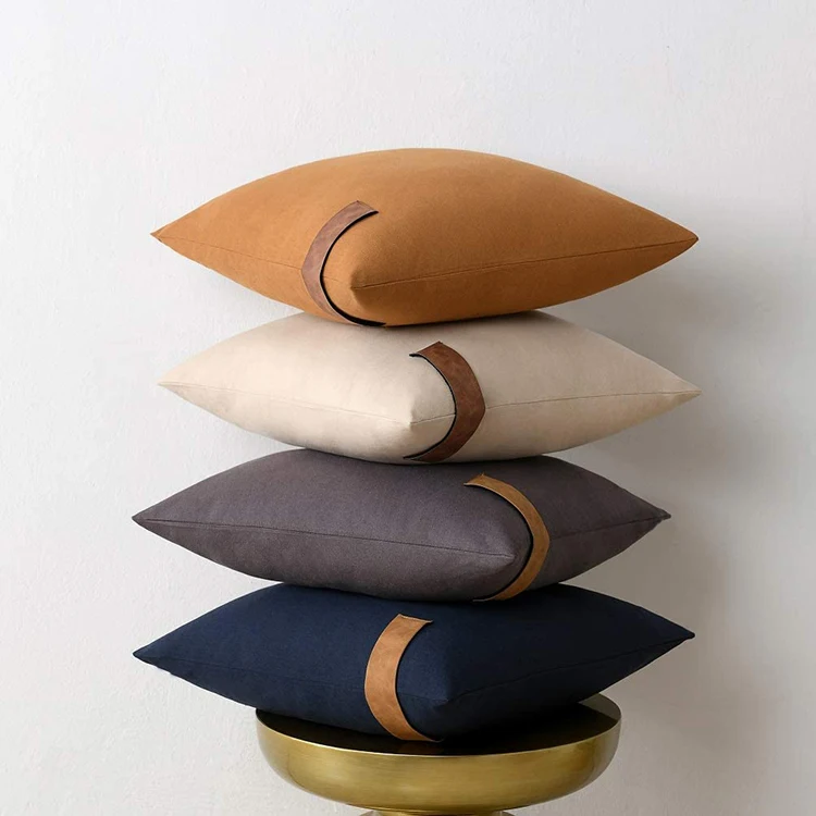 Home Decoration 100% Cotton Cushion Covers Hotel Solid Color Pillow Covers With Faux Leather Strap