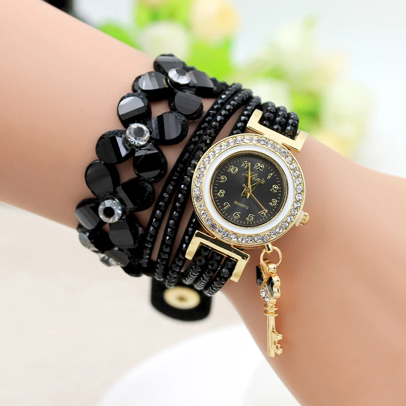 Fancy Flower Crystal Wrap Bracelet Quartz Wristwatch Casual Leather Rhinestone Strap Key Pendant Watch Relogio Feminino For Lady
