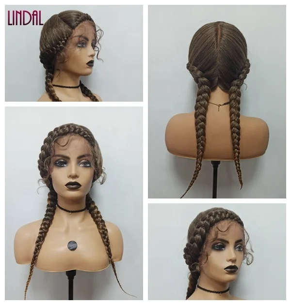 LINDAL braided frontal wig with baby hair 1B#, 1/99#, 1/30#, 1/27#, 27/613# 2 braids wig hd lace front Perruque Tresse
