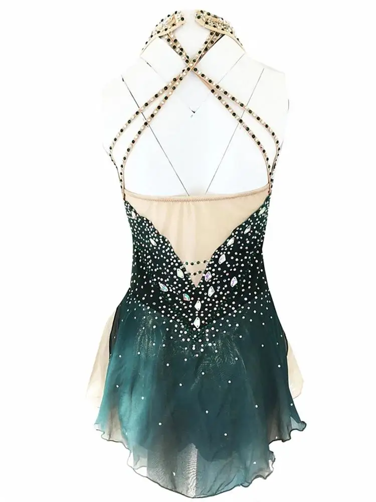 Figure skating dress girls sleeveless rhinestones skirt spandex dance costumes sexy ice skating dress