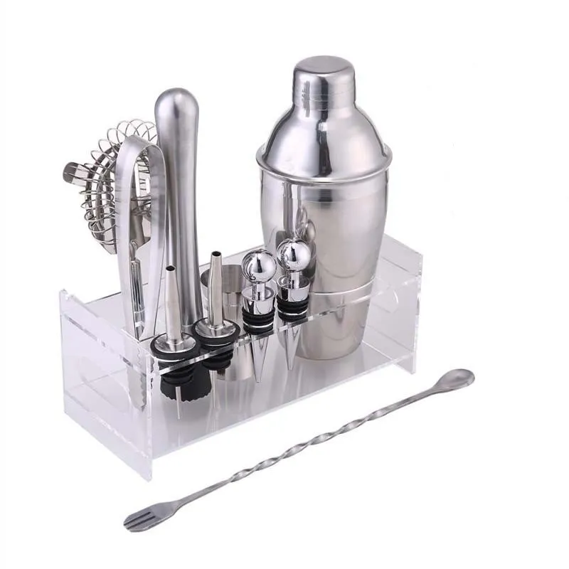  Factory Direct glass barware bartender stainless steel cocktail shaker bar tools set with acrylic frame