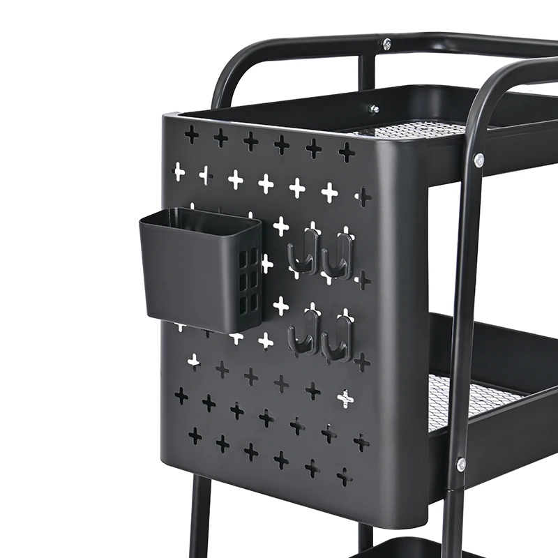 Bedroom Classroom Office 3 Tier Utility Trolley Kitchen Storage Rolling Rack Storage Cart With DIY Pegboard