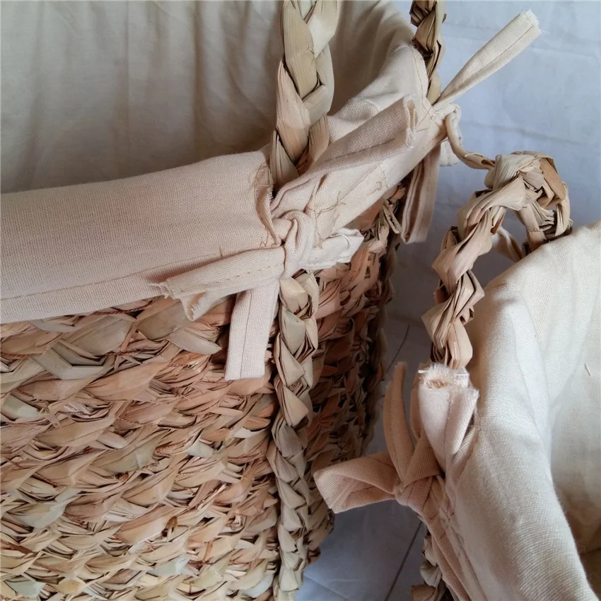 Handmade grass woven storage basket with handles lining cloth removable and washable dirty clothes laundry storage basket