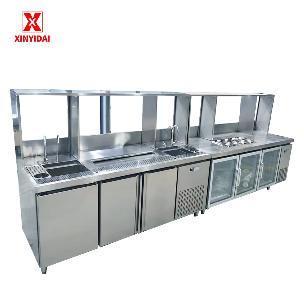 Customized tea making equipment Stainless steel tea making cold storage counter Milk tea shop
