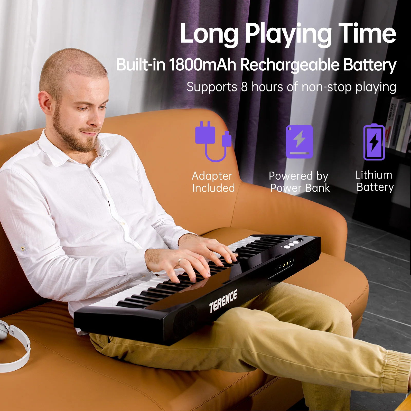 TERENCE TS01 61-key Multi-function Electric Keyboard Piano 1800mAh Battery Support Lighted Keyboard & MIDI USB Interface