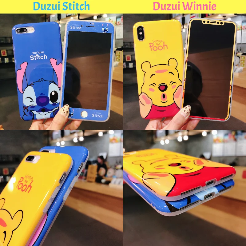 Cute cartoon monster design doraemon stitch luffy tpu soft phone case and protective glass for iphone