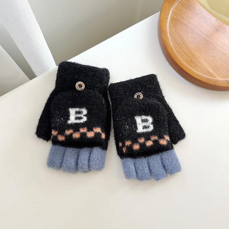 Children  Winter Half Finger Gloves Jacquard Letter Students Five Finger Writing Gloves