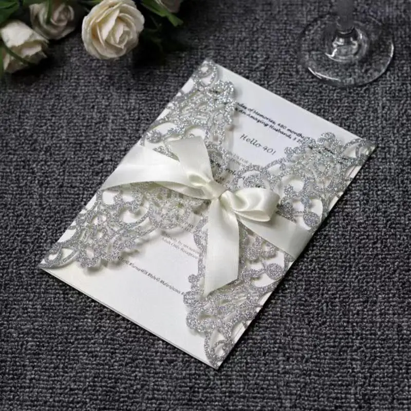 Laser Cut Wedding Invitations Cards Pearl Paper Inner Wedding Greeting Card with Ribbon Event Party Supplies