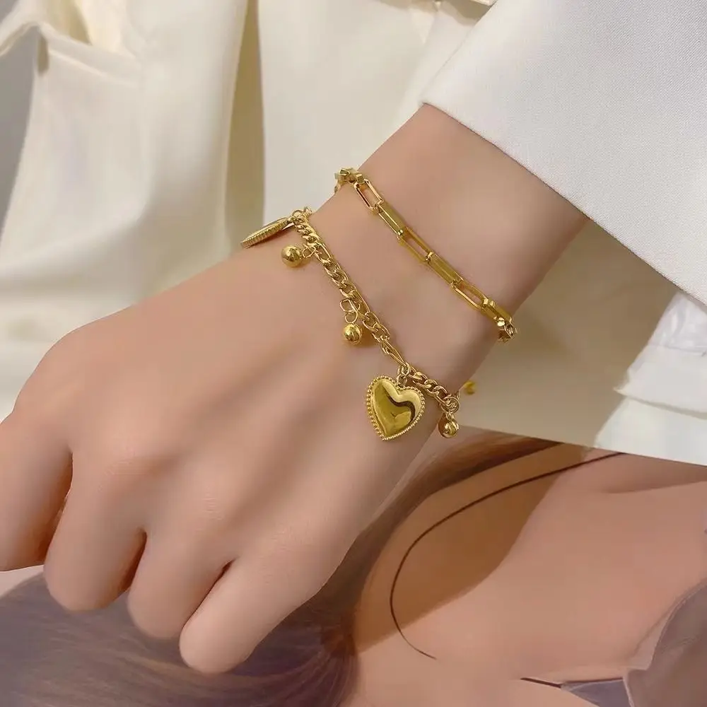 Fashion double stainless steel bracelet Gold heart-shaped laminated titanium steel bracelet male and female charm braceletgifts