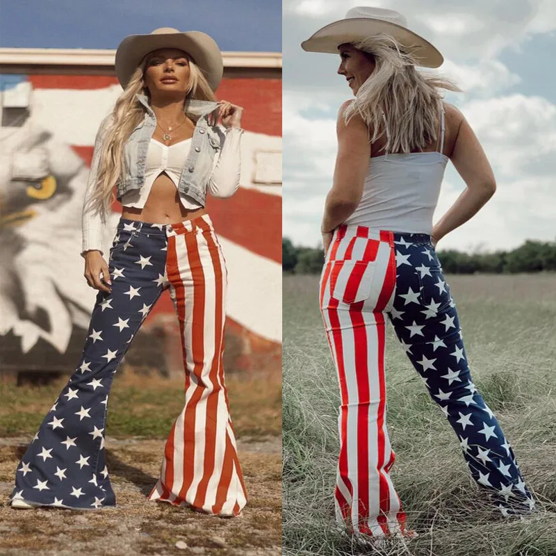 Women American Independence Day Flag Print Flared Jeans Parent-child Pants