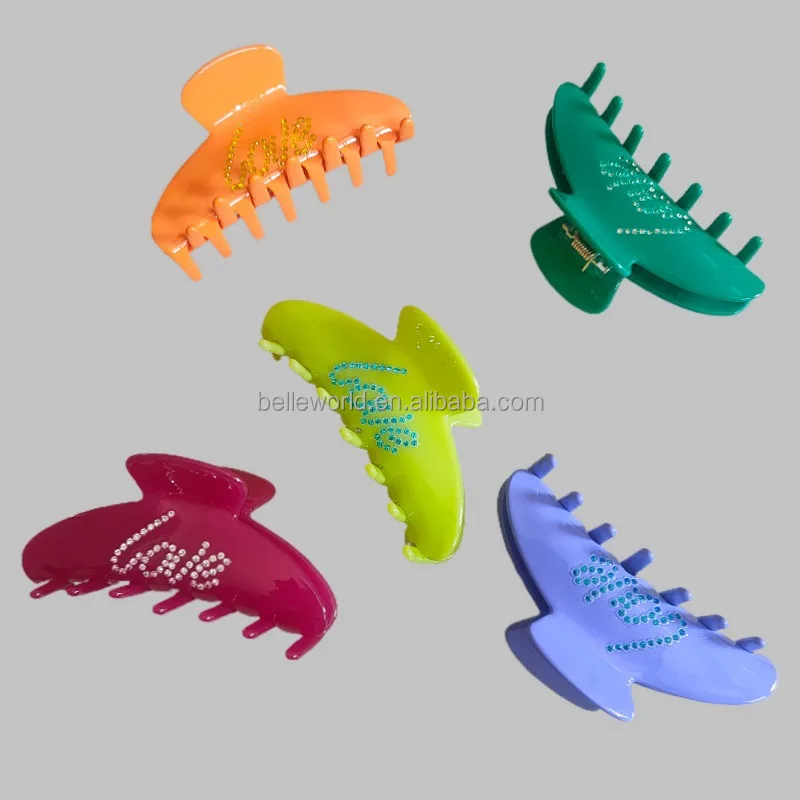 BELLEWORLD custom logo letters color hair claw accessories Alligator Diamond acetate Rhinestones hair claw Banana Hair Clips