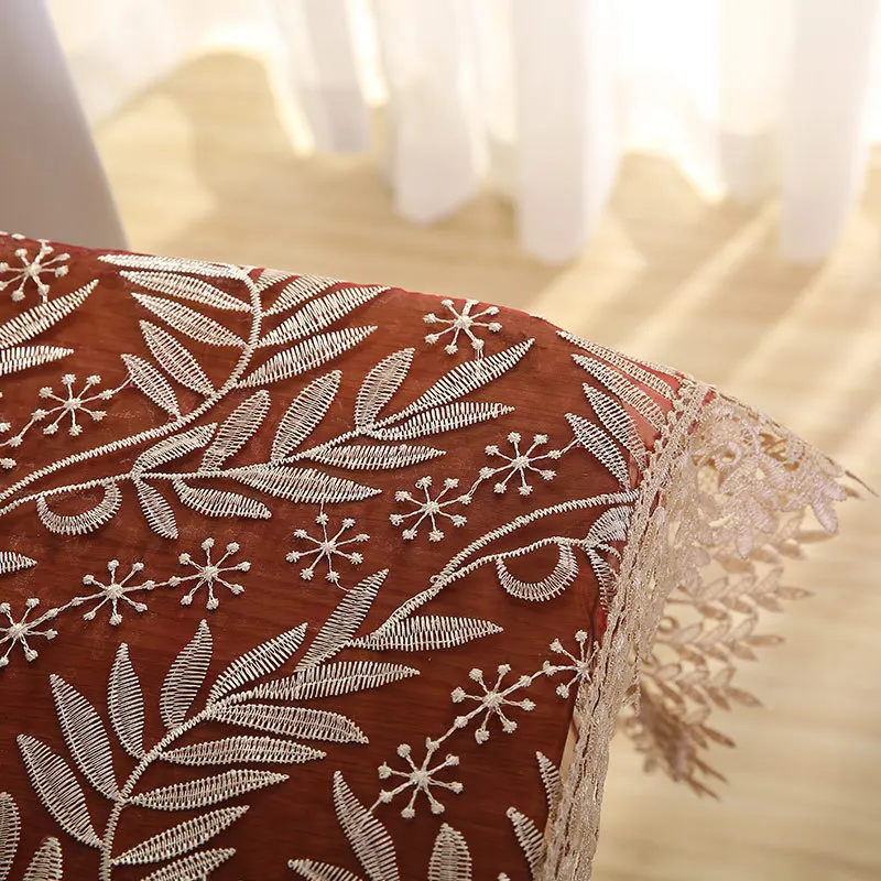 Modern Style Beautiful Hollow Lace Linen Village Fabric Leaves Flower Embroidered Table Runner For Decor