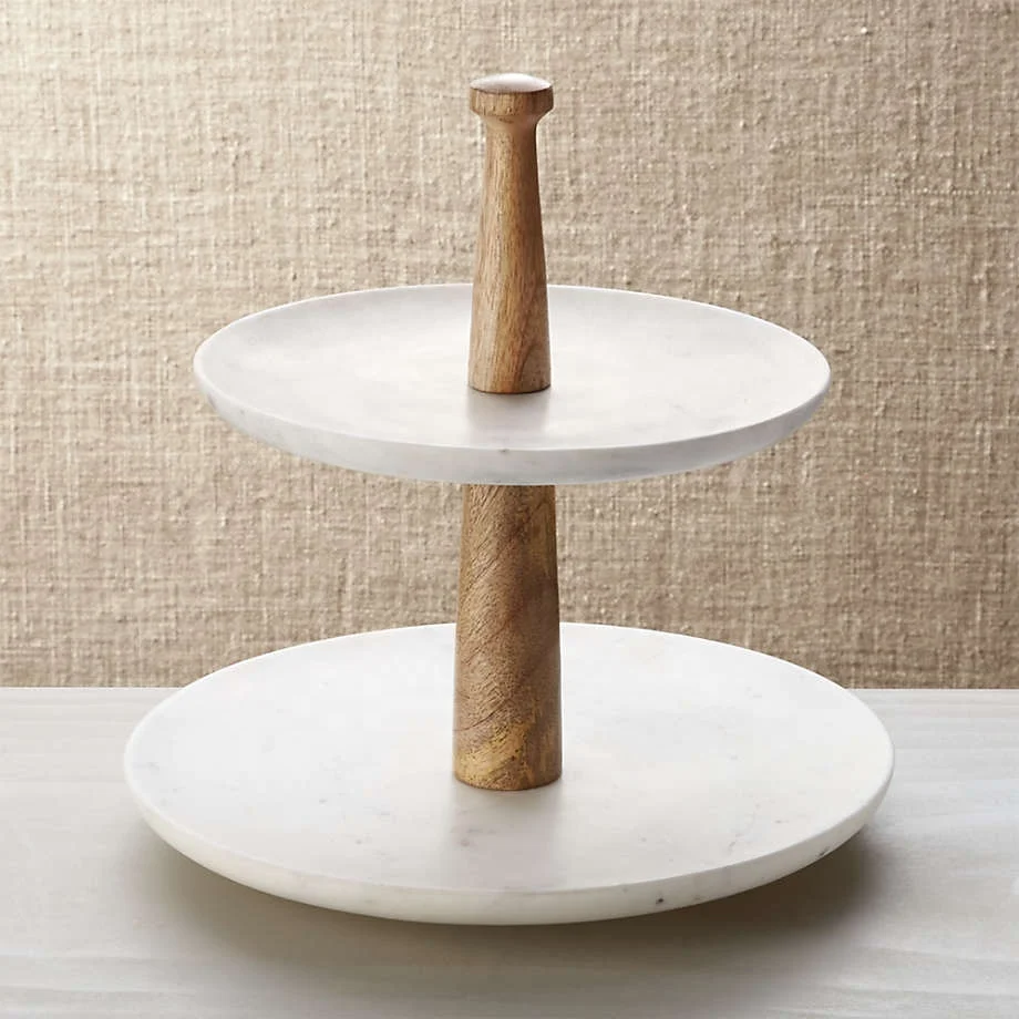 Wood Marble 2-Tier Server Wedding Cupcake Home Decor Accessories White Marble Cake Stand