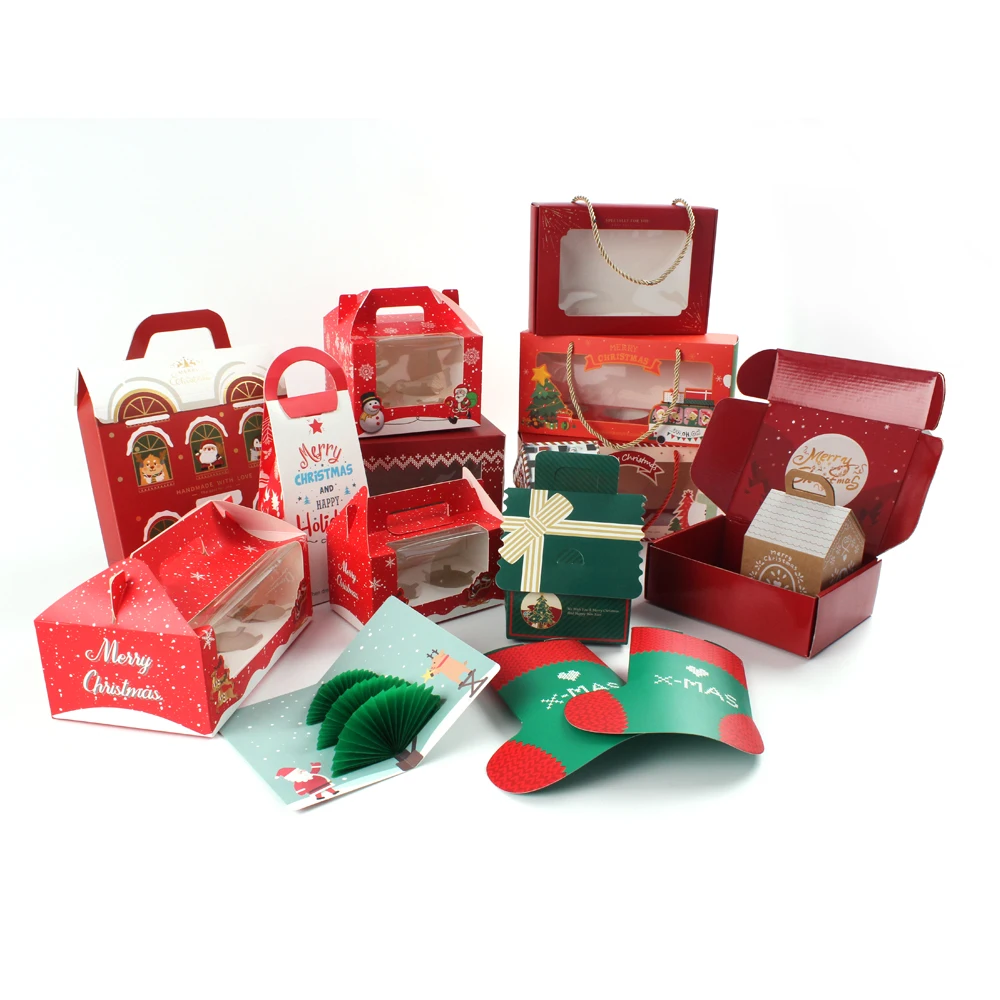 Christmas Window Cake Box Design For Christmas Bakery Cookie Cake Brownie Packaging with handle