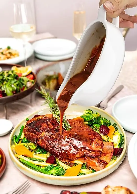 14 Oz Large Gravy Boat White Fine Porcelain Saucier Salad Dressings Pitcher with Ergonomic Handle