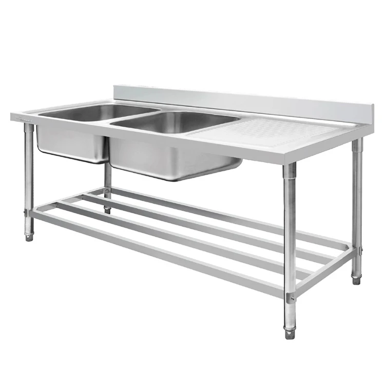 Heavy Duty Stainless Steel Sink Kitchen Waste Collection Work Table with Double Sink Bench