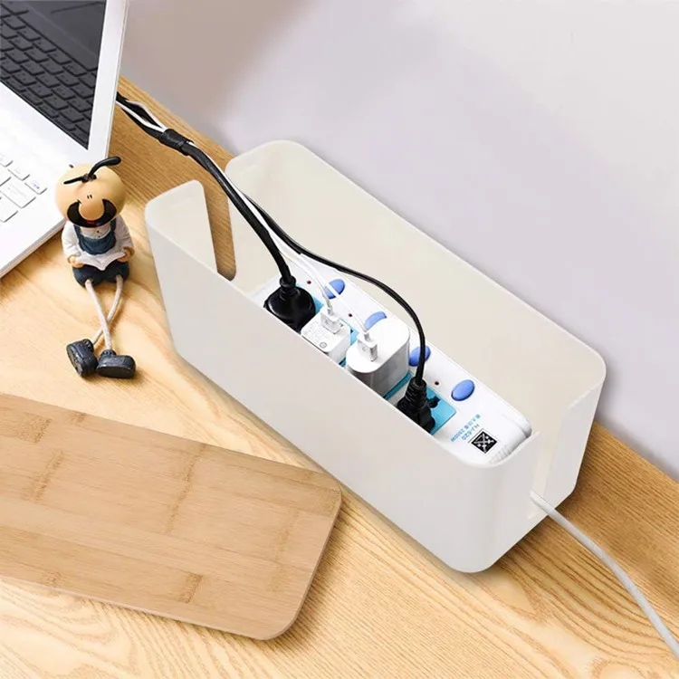 Home Cord Power Stripe Surge Protector Wire Cover Hider Plastic Large Storage Cable Management Box With Bamboo Lid For Desks