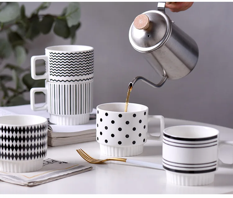 Nordic Porcelain Polka Dot Geometric Mug Hepburn Style Black and White Printing Drinkware Gift Ceramic Stacking Coffee Mugs Cup.jpg