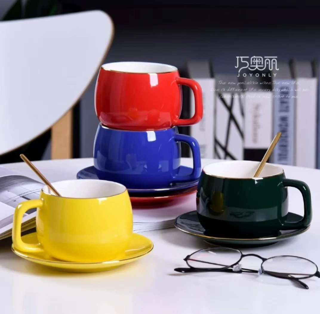 European-Style Glaze Stroke Ceramic Coffee Cup Saucer Spoon Set Turkish Design Style