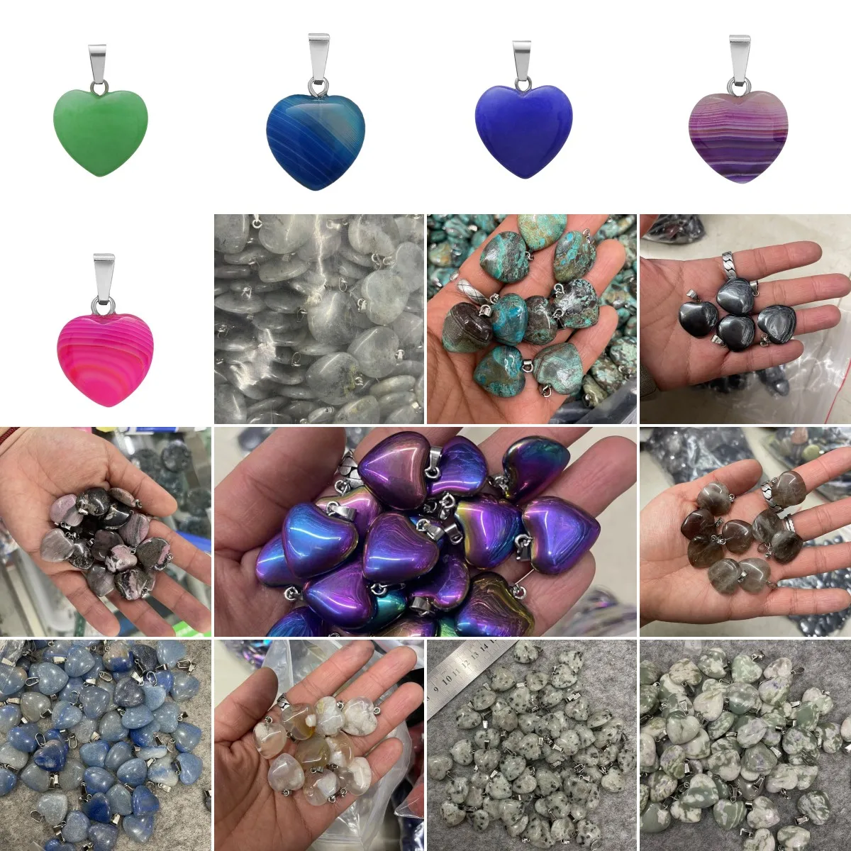 47 Multi Color Healing Chakra Beads Gemstone Opal Tiger Eye Crystal Quartz Gemstone Love Heart Shape Stone Pendant Necklace