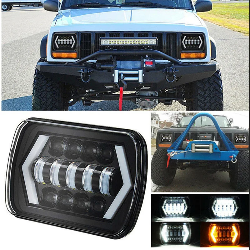 DOT SAE E9 Combo High Low Beam DRL Warning Turn Signal H4 H6054 H5054 Rectangular 5X7 7X6 Square Sealed Beam YJ XJ Led Headlight