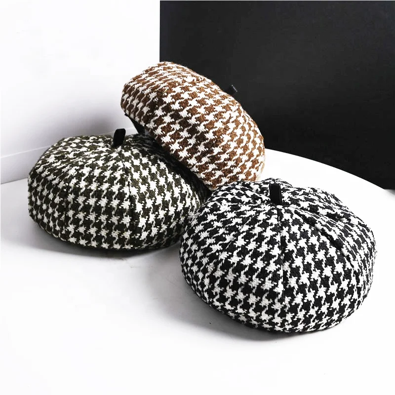 Women Autumn Winter Houndstooth Pattern Retro Beret Hat Brush Fabric Pumpkin Checked Octagonal Woolen Cap Wholesale