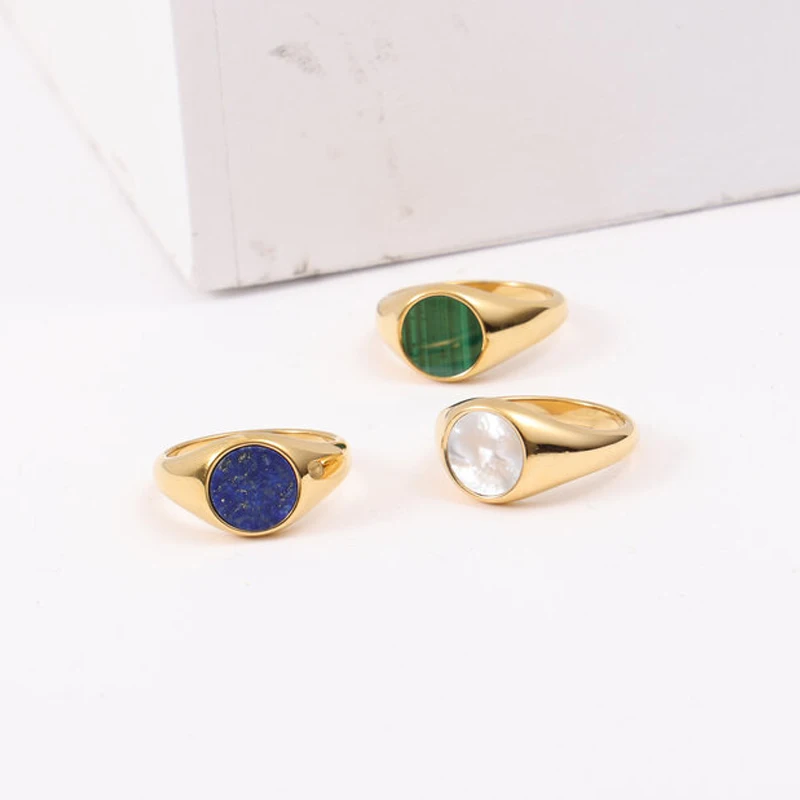 Natural Stone Ring Stainless Steel Rings Natural Green Malachite Blue Celestite Round Signet Rings Custom Jewelry for Women