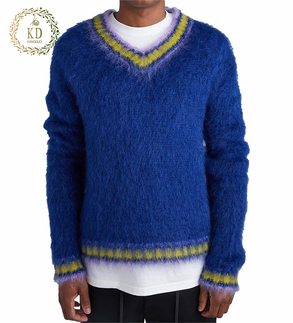 KD Knitwear Manufacturer OEM ODM Winter Knit Hairy Furry V-Neck Pullover Cricket Mixed Yarn Wool Mohair Men Sweater