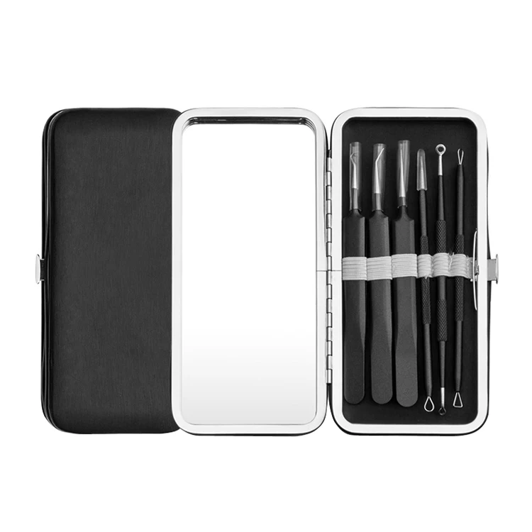 High quality fashion 6 PCS pimple popper tool kit acne needle blackhead tweezers set with mirror box