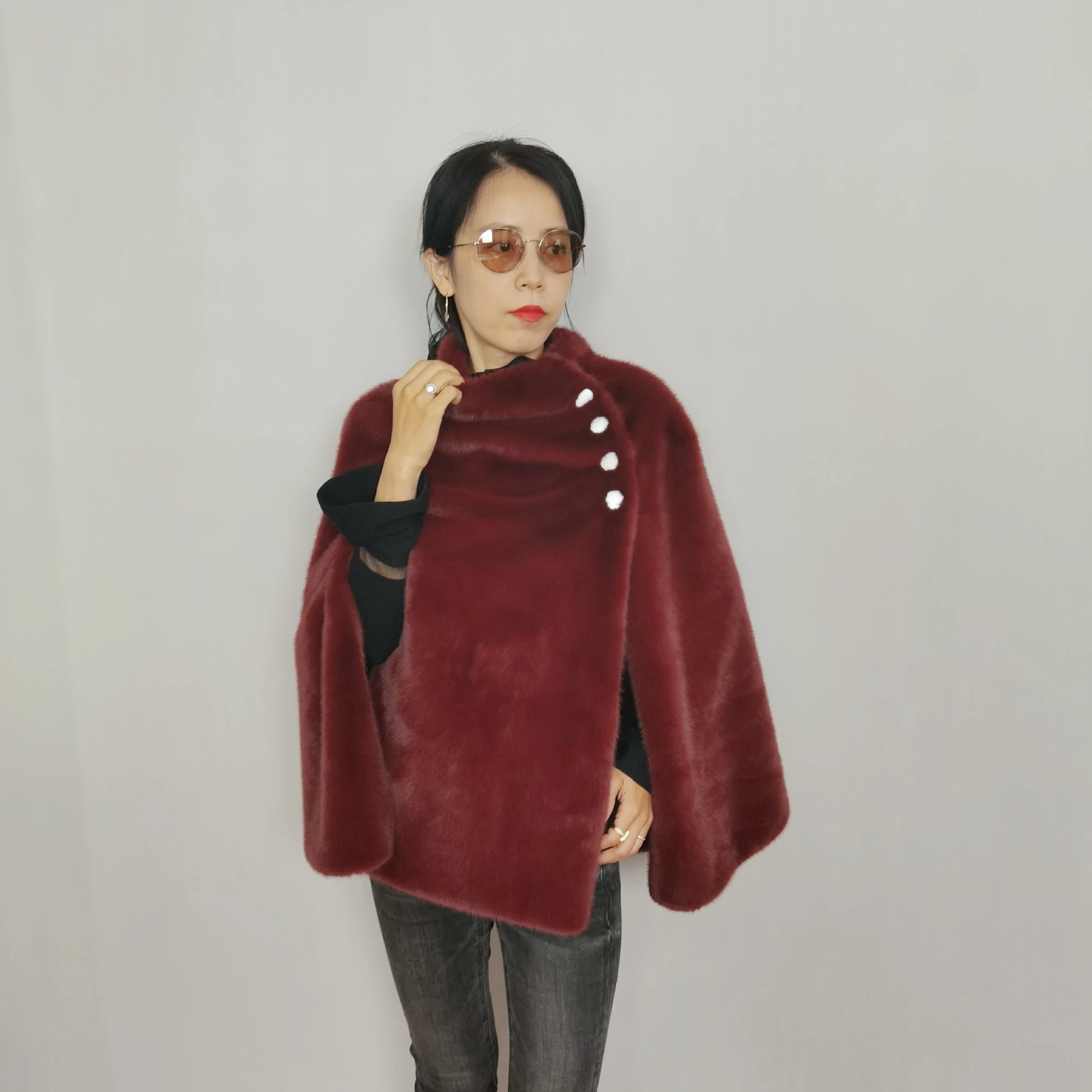 Wholesale Women Winter Warm Custom cashmere wool high quality Faux Fur poncho lady Fluffy rabbit cape women fur shawl