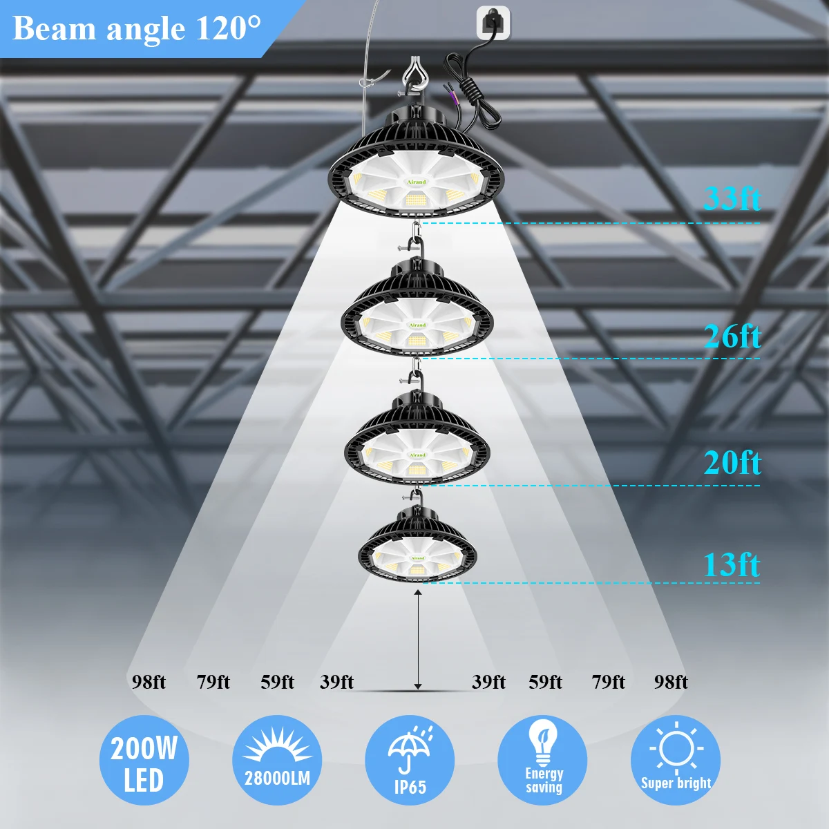 High Lumen Dimmable IP65 200W Industrial Lamp Warehouse Workshop LED Lighting 200Watt UFO High Bay Light Fixture