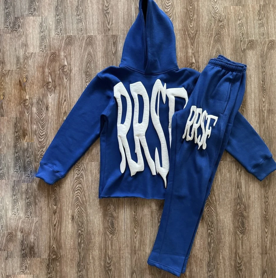 Custom Flared Tracksuit Men Streetwear Graphic 3D Puff Print Stacked Sweatsuit Raw Hem Cut Edge Hoodie Jogger Men Sweatpants Set