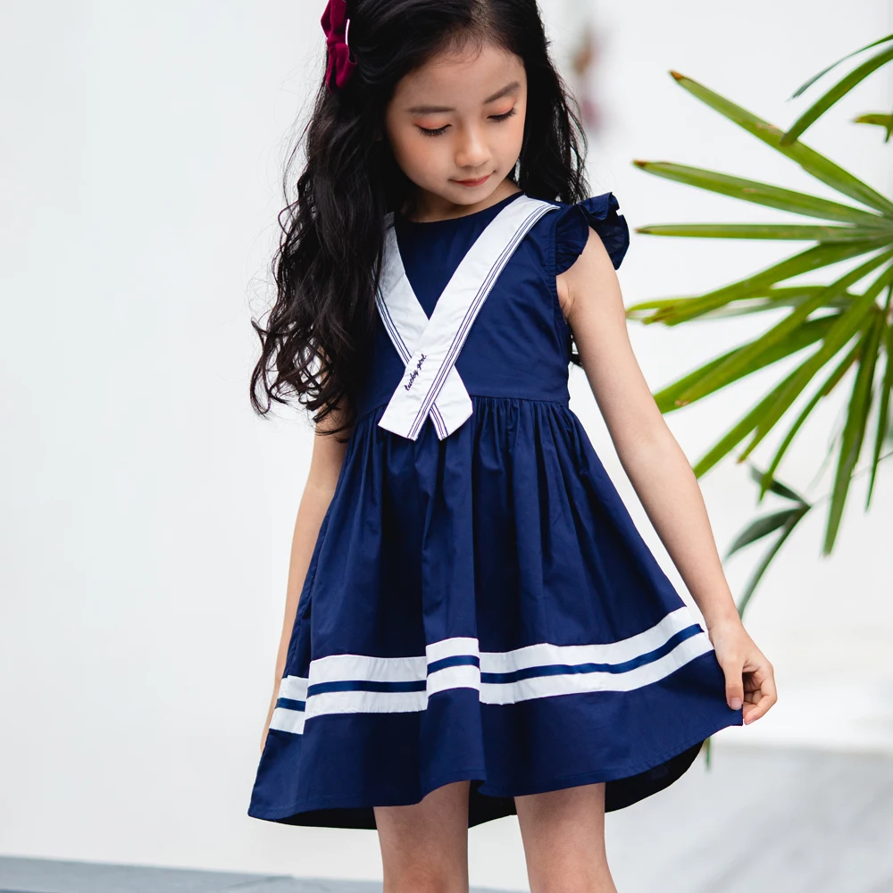Sailor Collar 2-10T Children School Uniform Design Puff Sleeve Fashion Preppy Style Dress