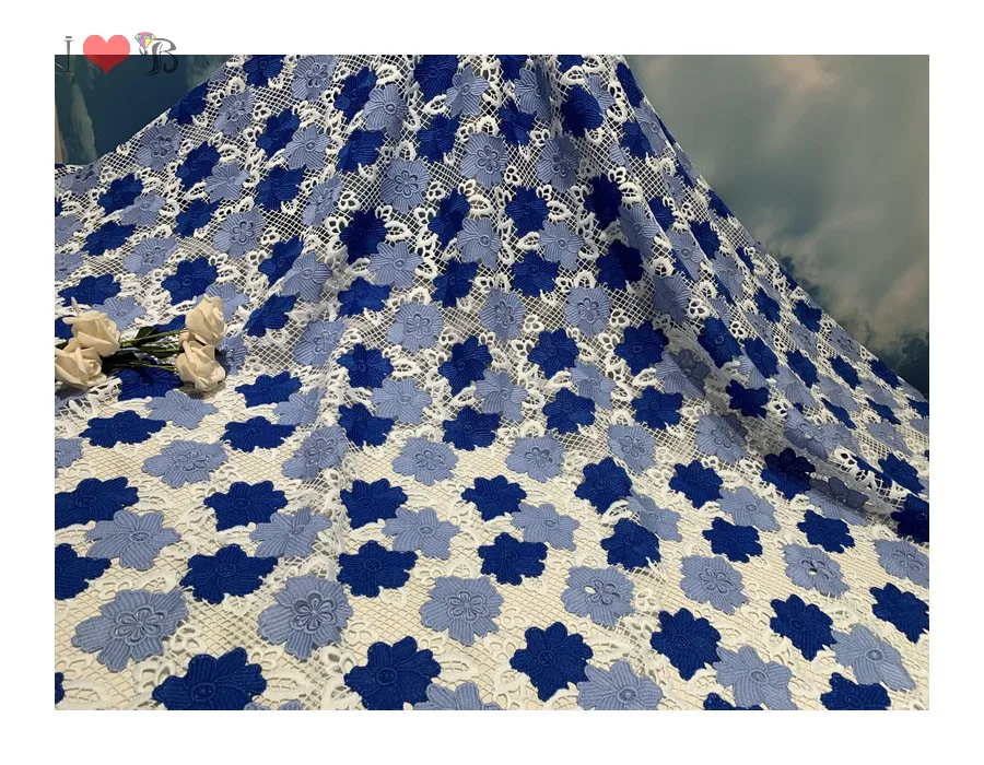 Высококачественная белая с королевским синим гипюром кружевная ткань для нигерийского свадебного платья